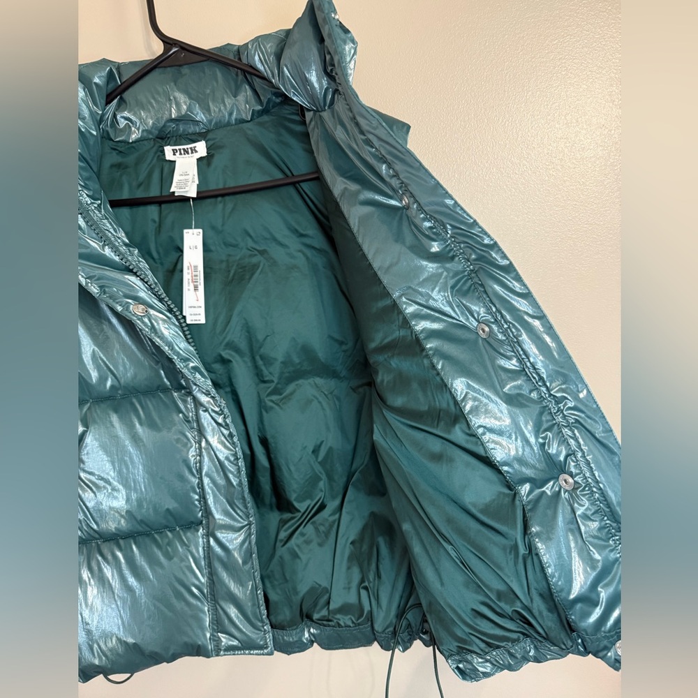 PINK Victoria's Secret High Shine Marshmallow Puffer Vest Forest Green Women's L - Picture 6 of 14